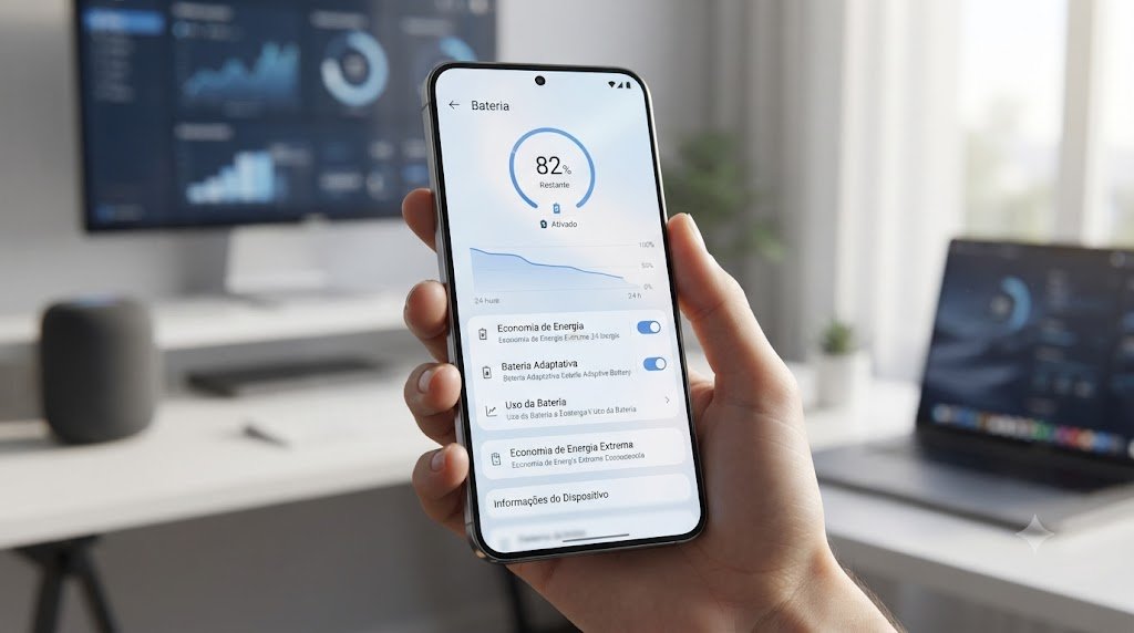 Tela de configurações de bateria do Android mostrando opções de economia de energia.
