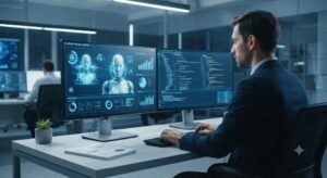Profissional utilizando ferramentas avançadas de agentes de inteligência artificial em um escritório moderno.