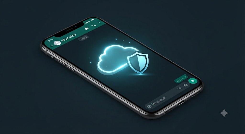 Smartphone exibindo tela de backup seguro do WhatsApp na nuvem