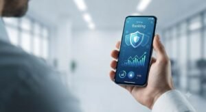 Pessoa segurando smartphone com aplicativo de banco digital aberto na tela