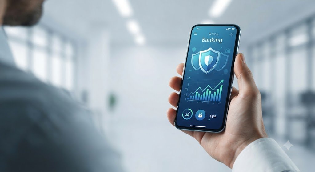 Pessoa segurando smartphone com aplicativo de banco digital aberto na tela