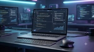 Laptop moderno aberto em mesa de escritório exibindo interface de desenvolvimento de IA com código e gráficos.