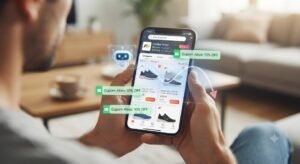 Pessoa utilizando smartphone com interface de e-commerce e sobreposições de inteligência artificial para compras.