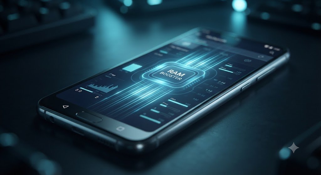 Close-up de um smartphone Motorola moderno exibindo gráficos futuristas de otimização de RAM e linhas de dados brilhantes na tela em um ambiente tecnológico escuro.
