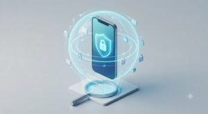 Ilustração isométrica 3D de um smartphone Android envolto em um campo de força digital protetor.