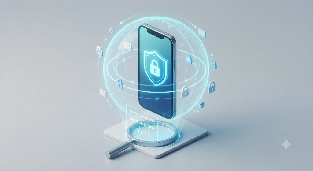 como descobrir se o celular tem vírus, Ilustração isométrica 3D de um smartphone Android envolto em um campo de força digital protetor.