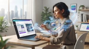 Uma designer interagindo com uma interface do Canva em um laptop, com ícones holográficos de IA flutuando e uma assistente de design ao fundo.