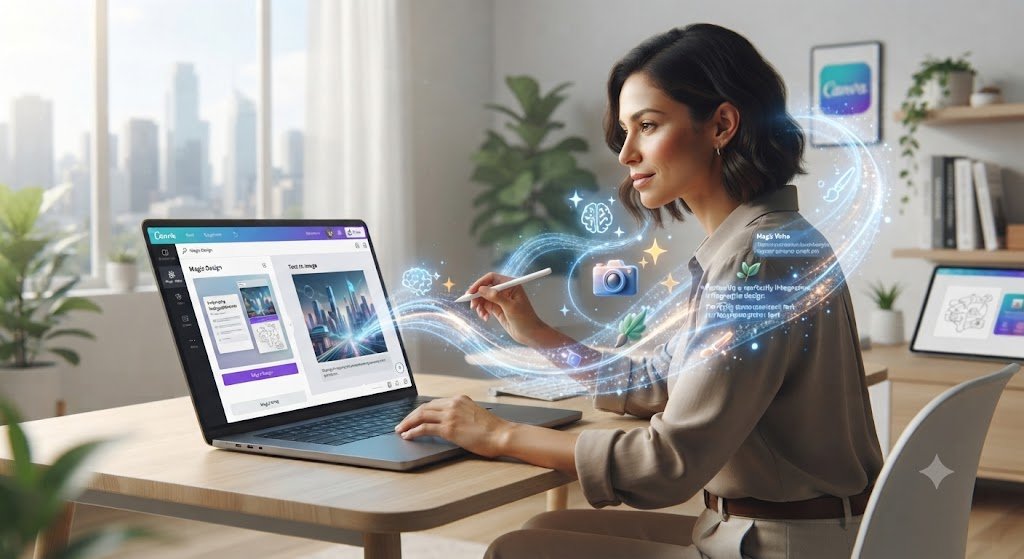 Uma designer interagindo com uma interface do Canva em um laptop, com ícones holográficos de IA flutuando e uma assistente de design ao fundo.