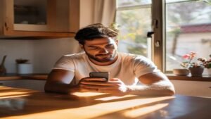 Homem usando o celular para recuperar a senha do Pix da Caixa no ambiente doméstico.