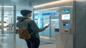 Pessoa em frente a um caixa eletrônico segurando um smartphone para desbloquear o aplicativo bancário.