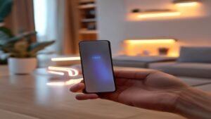 Pessoa segurando smartphone Android próximo a um roteador Wi-Fi em um ambiente iluminado.