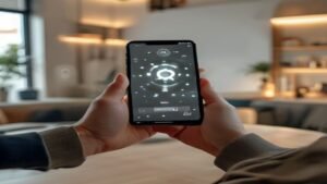 Pessoa segurando um smartphone Android moderno em uma bancada de trabalho iluminada pela luz natural.