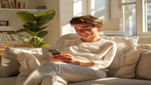 Pessoa usando smartphone com conexão rápida em uma sala de estar com roteador Wi-Fi moderno ao fundo.