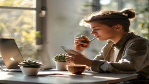 Pessoa segurando um smartphone em uma mesa de trabalho iluminada para gerenciar as configurações de privacidade do Instagram e Facebook.
