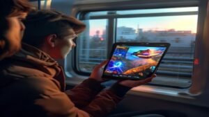 Pessoa jogando um game offline em um smartphone Android durante viagem de trem.