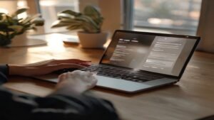 Notebook moderno sobre mesa de madeira com interface de inteligência artificial na tela