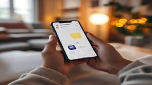 Mãos segurando um iPhone com a tela da Apple App Store aberta em um ambiente iluminado.