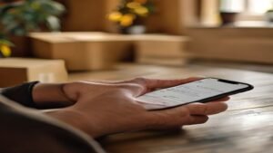 Mãos segurando um celular realizando uma compra em aplicativo de e-commerce internacional.