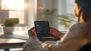 Pessoa ajustando configurações de privacidade em um smartphone em um escritório moderno.