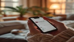 Pessoa segurando um smartphone mostrando a tela de um perfil pessoal do Instagram em um ambiente doméstico e relaxante.