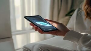 Pessoa segurando um smartphone moderno em um escritório iluminado, visualizando a tela do celular.