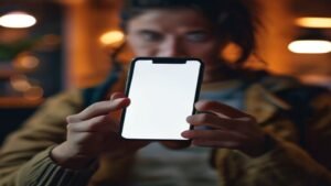 Pessoa analisando um smartphone com expressão de dúvida sobre a confiabilidade da compra online