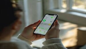 Mãos segurando um iPhone com a tela de configurações de privacidade de fotos aberta.