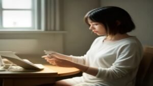 Pessoa analisando a segurança de um vendedor em um aplicativo de compras no celular em uma mesa de trabalho espaçosa.