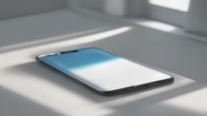 Smartphone Samsung sobre uma mesa branca com interface de configurações de armazenamento aberta.