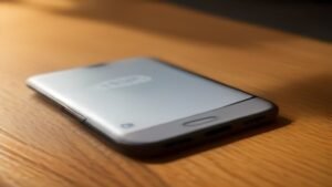 Smartphone moderno em uma mesa de trabalho limpa, simbolizando um Android funcionando corretamente.