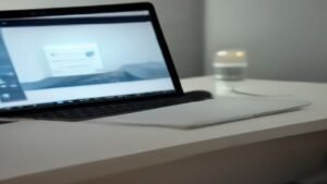 Usuário de computador em um escritório moderno decidindo sobre as configurações da barra de tarefas do Windows.