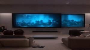 Família feliz assistindo TV por streaming na sala de estar moderna