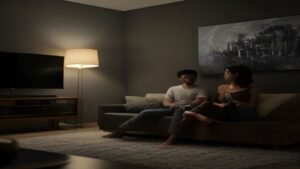 Casal assistindo streaming em uma sala moderna e aconchegante durante a noite.
