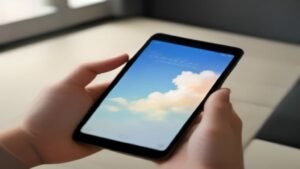 Smartphone Xiaomi moderno com a tela mostrando o menu de atualizações do sistema HyperOS em um ambiente iluminado.