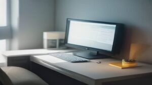 Profissional trabalhando em um escritório moderno com interface de IA no computador.