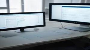 Profissional utilizando interface de artefatos de IA para desenvolvimento de software em estúdio moderno.