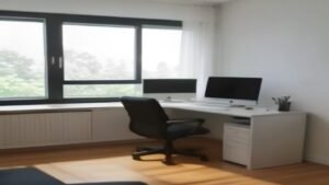 Pessoa trabalhando em um design para Instagram no computador em um ambiente de escritório iluminado.