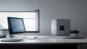 Programador trabalhando em um escritório moderno com múltiplos monitores focados em código de programação.