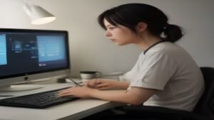 Dois designers colaborando em um projeto de design em um computador moderno em um escritório clean.