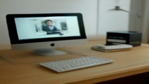 Mão segurando smartphone enviando arquivo de imagem em um chat de inteligência artificial em um escritório moderno.