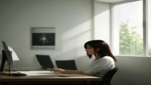 Pessoa utilizando um laptop para criar imagens profissionais no Copilot em um ambiente de escritório moderno.