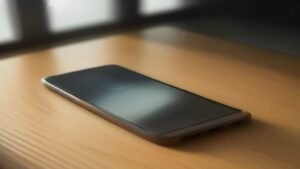 Smartphone Xiaomi em uma mesa de trabalho moderna exibindo configurações do sistema.