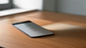 Smartphone Samsung moderno exibindo configurações de armazenamento em uma tela limpa.