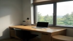 Smartphone e laptop em uma mesa de trabalho moderna representando a organização de tarefas digitais.