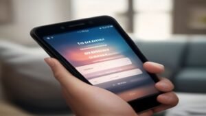 Pessoa segurando smartphone com anúncio intrusivo na tela