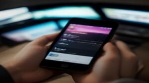 Pessoa segurando um smartphone editando um vídeo profissional em um ambiente de escritório moderno.