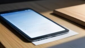 Mão segurando smartphone para digitalizar documento físico em um escritório moderno.