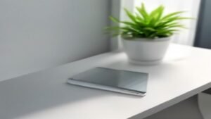 Smartphone Xiaomi Redmi Note 14 com tela inicial limpa e organizada sobre uma mesa de escritório.