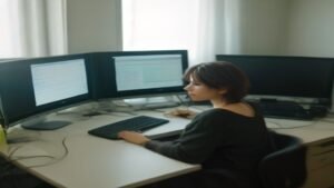 Criador de conteúdo utilizando aplicativos para gravar tela em seu computador em um escritório moderno.