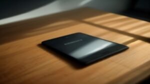 Smartphone Samsung com a tela preta sobre uma mesa de escritório moderna.